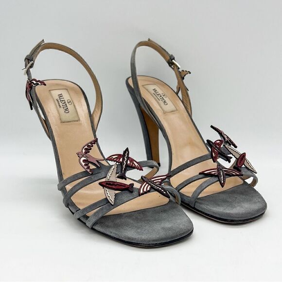 Valentino Garavani Grey Suede Strappy Sandals with Bird Appliqués, Size 37.5 - Picture 1 of 14